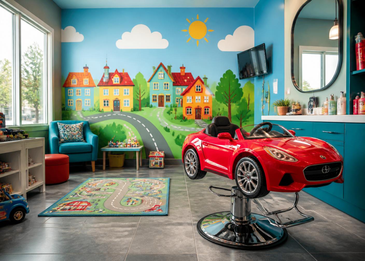 Child having a haircut in the salon's red car chair