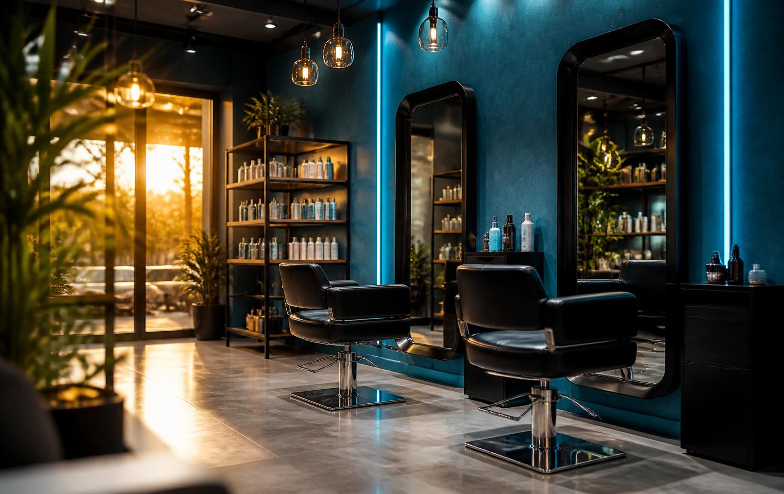 Interior of Family Kuts salon with styling chairs and a child's red car chair
