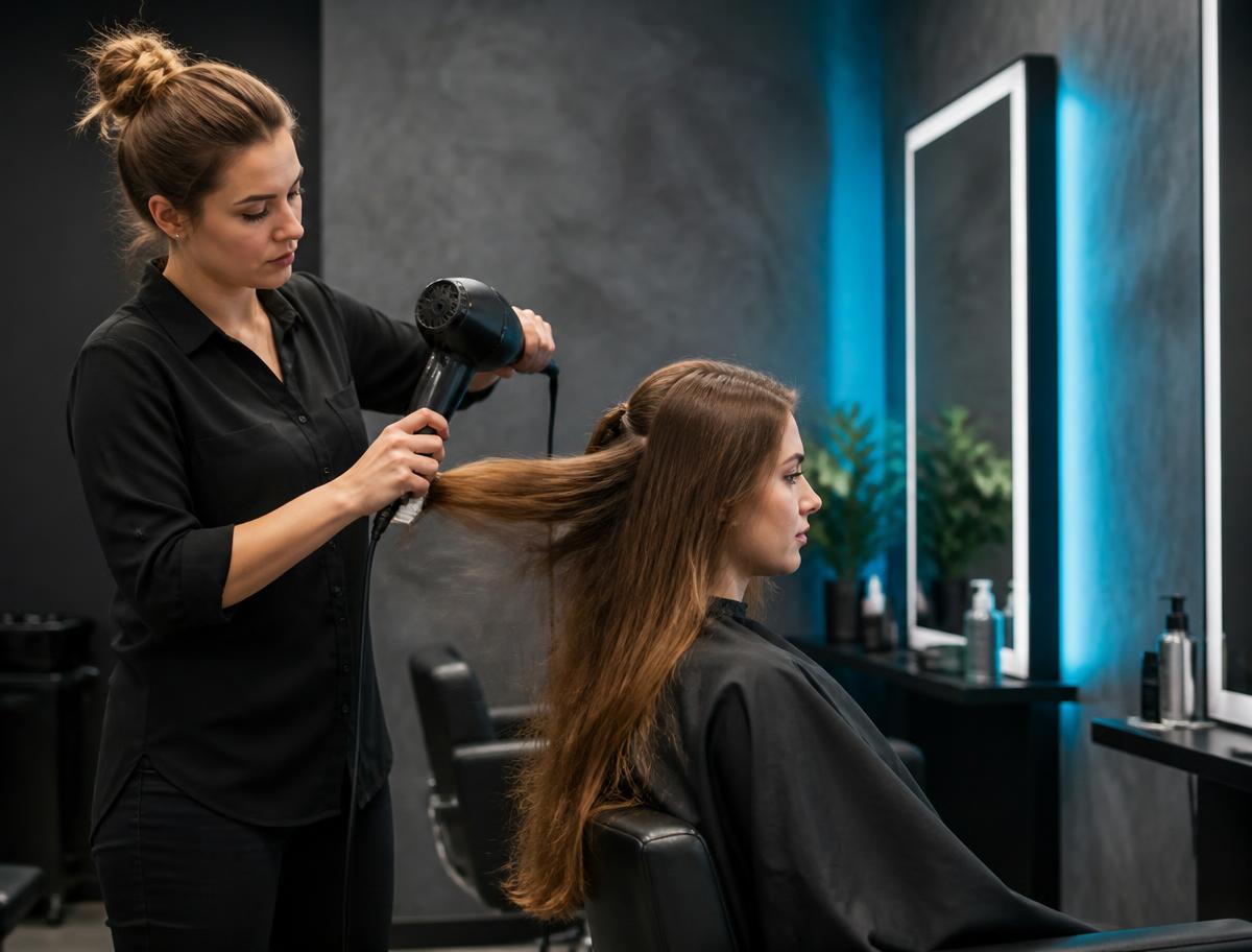 Stylist blow drying a client's hair at Family Kuts